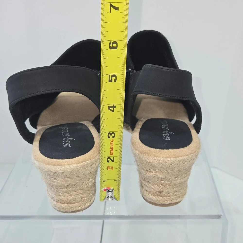 Easy Street Womens 9W Black Ruched Wedge Sandals Espadrille Slingback 31-8941